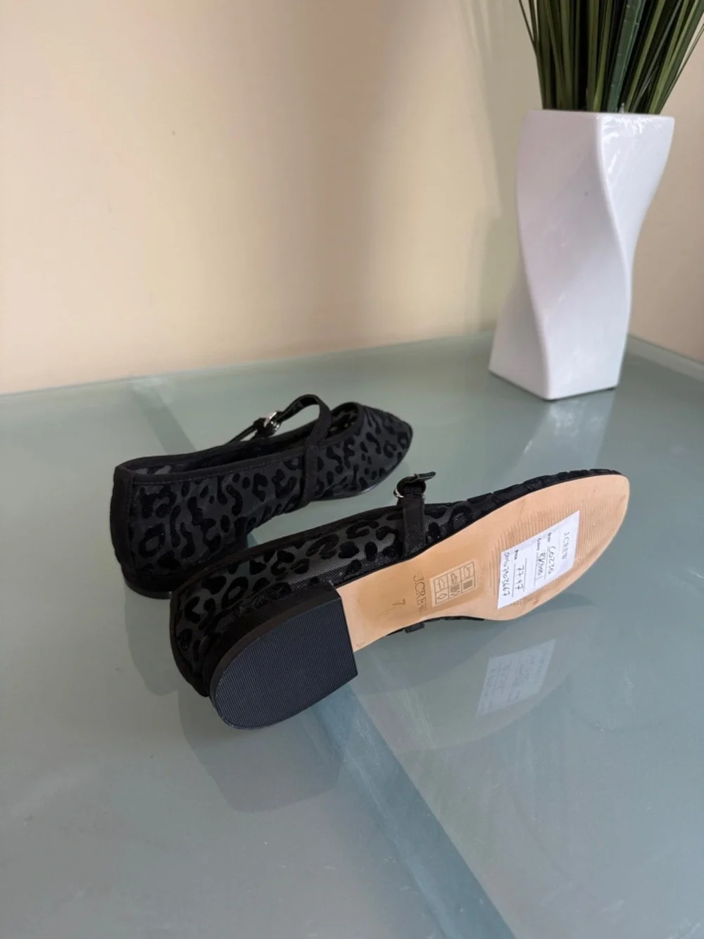 J. Crew Black Sheer Leopard Print Mary Jane Flats Size 7 Mesh Ballet Flats